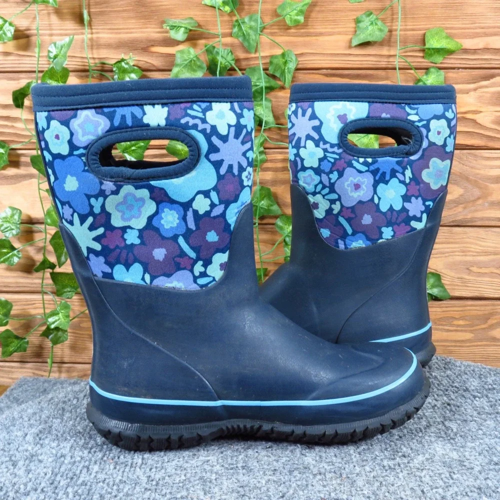 Bogs Grasp G-FLWR Youth Rain Snow Boots Size 3 Waterproof Insulated Navy Floral